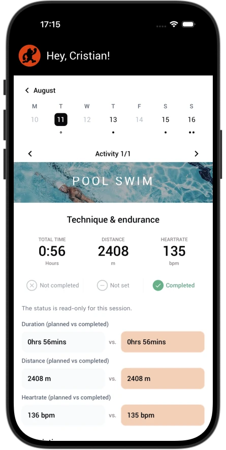 Training Monkeys activity view showing a completed swimming session